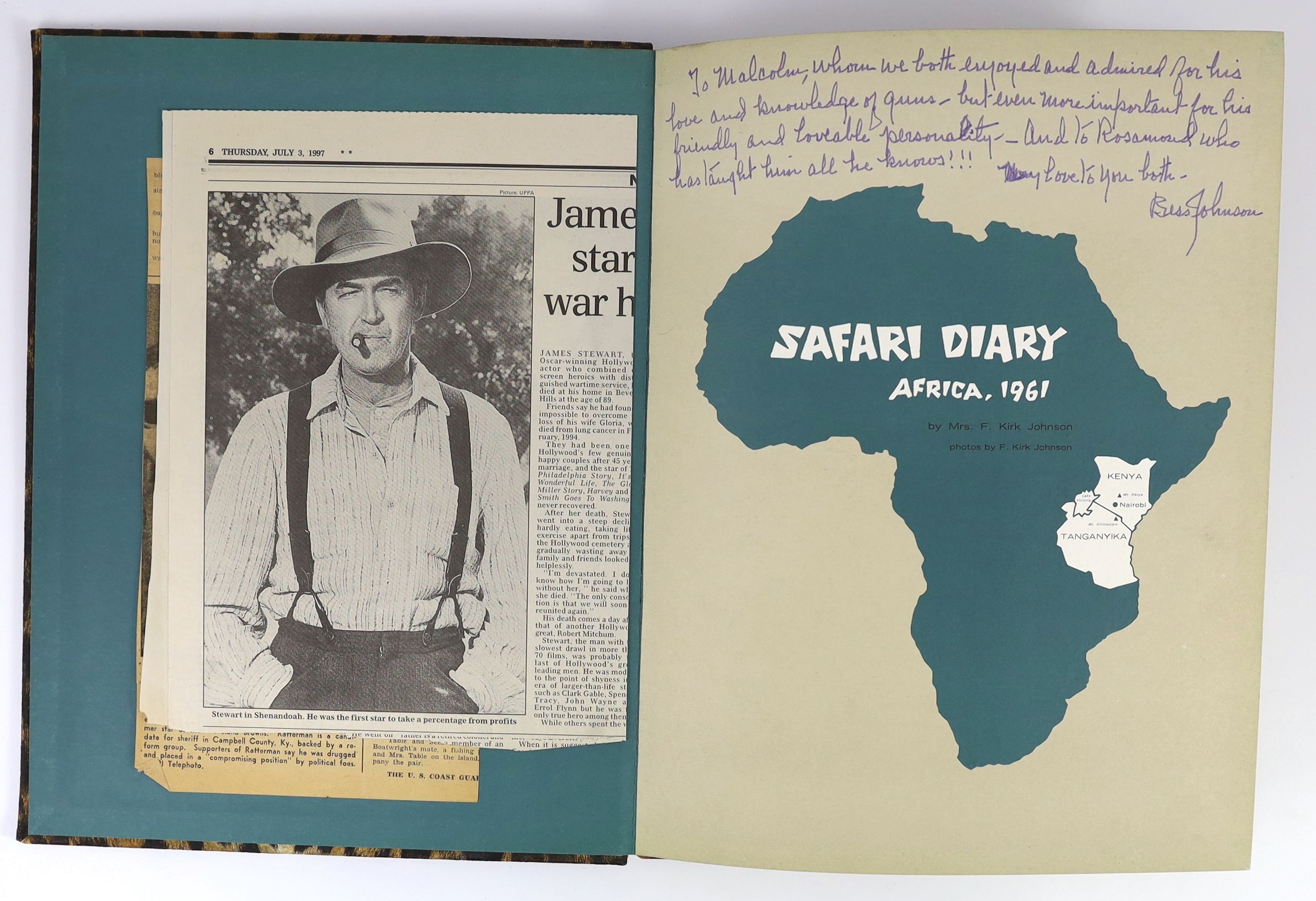 Johnson, F. Kirk [Mrs.] Safari Diary, 1961. Folio, published by the author, no place of publication, 1961. Coloured and black and white photographic illustrations, most by Fran Kirk, the author’s husband. Faux leopard sk